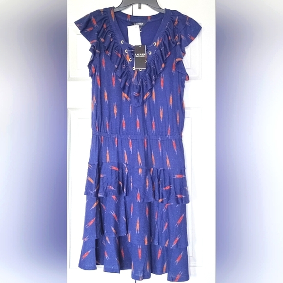Lauren Ralph Lauren women's Tiered Ruffle Dress Pullover Navy Blue Comfy Size M - Picture 2 of 11
